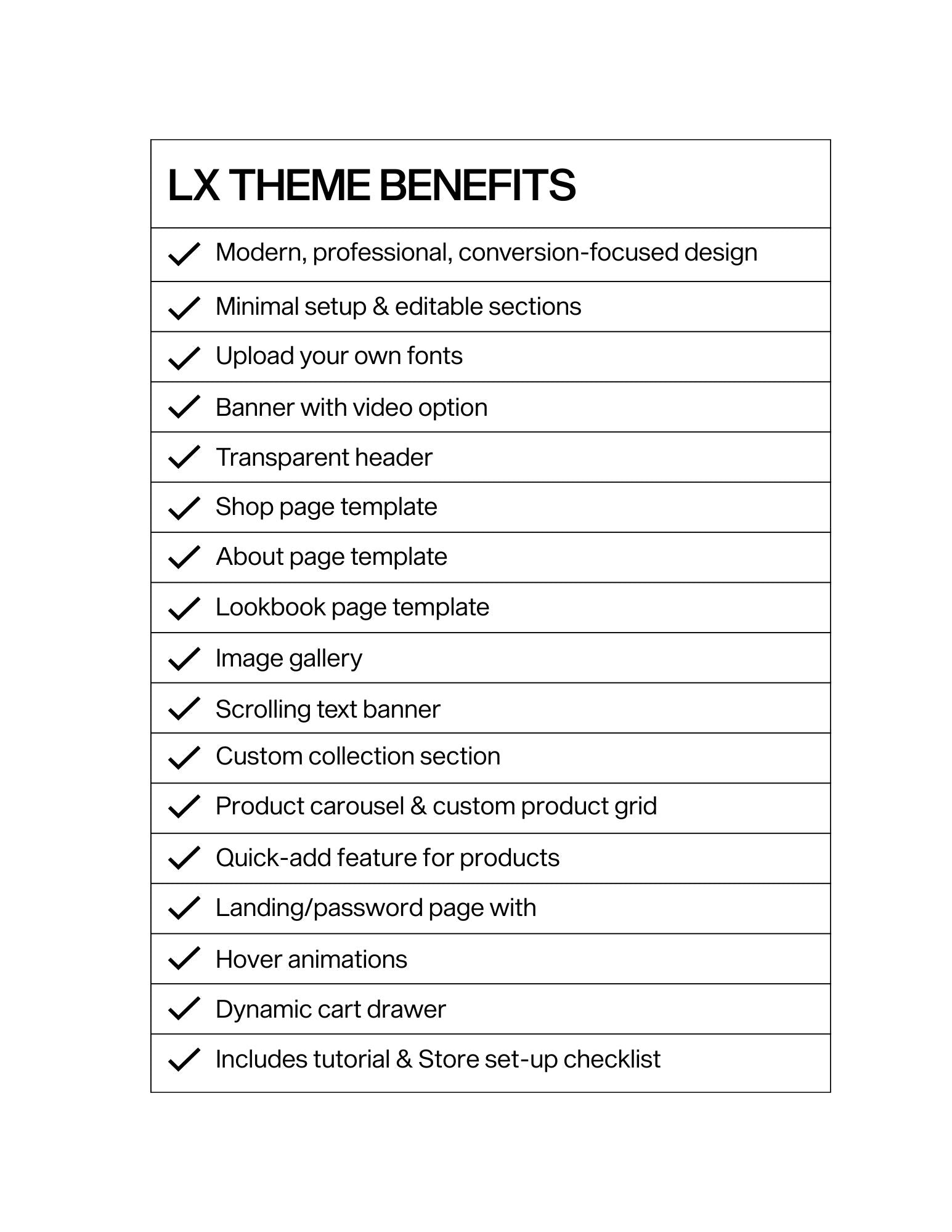 List of LX Theme Benefits on a white background