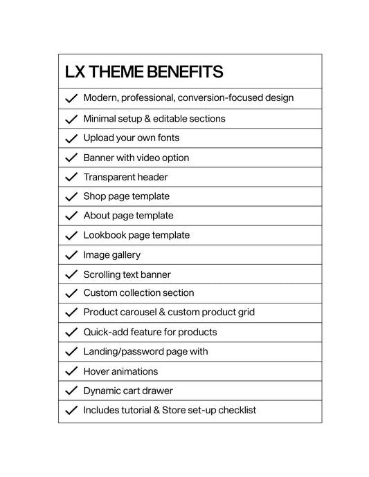List of LX Theme Benefits on a white background