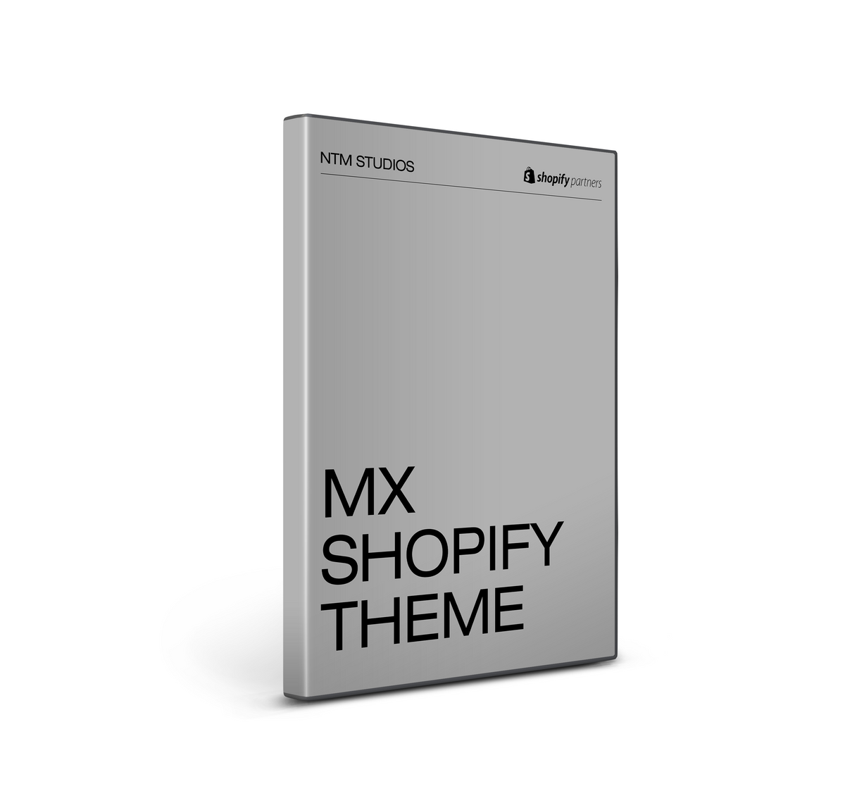Silver box with 'MX Shopify Theme' text on a white background