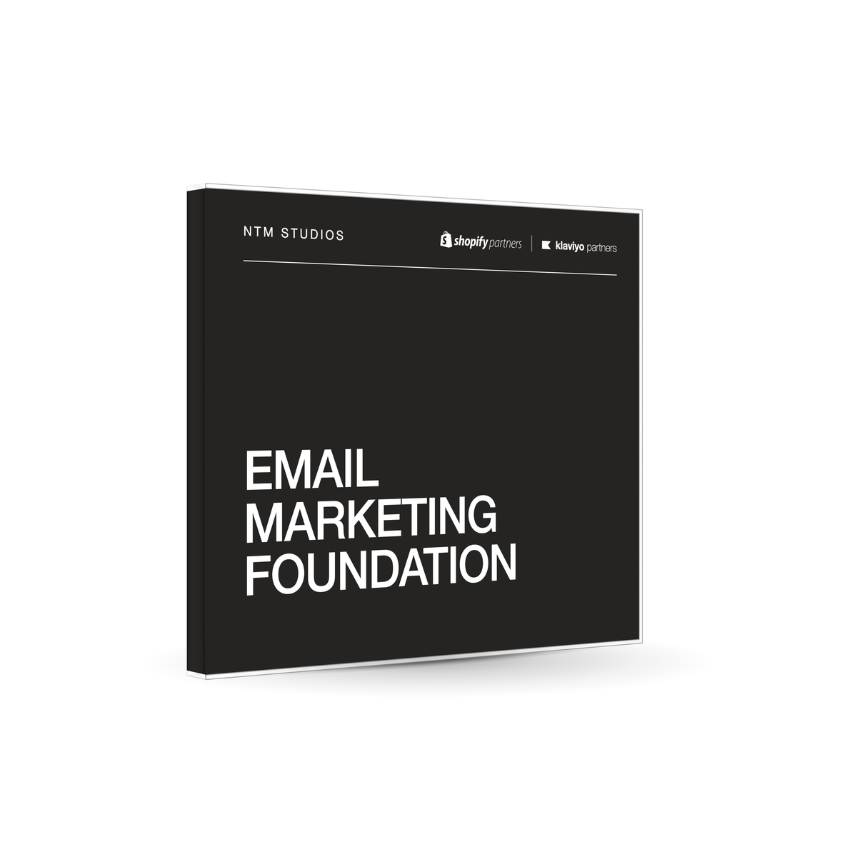 Email Marketing Foundation by NTM Studios, shown as a dark jewel case with a clear acrylic shell and white type.