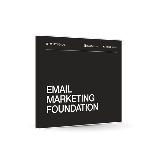 Email Marketing Foundation by NTM Studios, shown as a dark jewel case with a clear acrylic shell and white type.