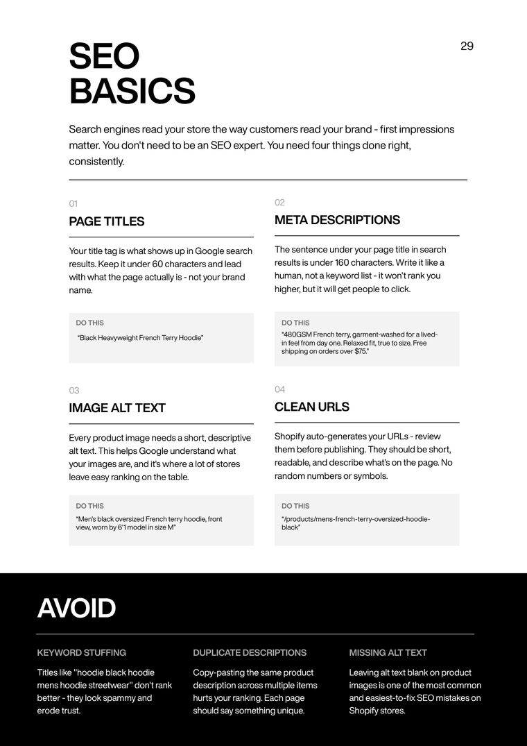 The Essentials guide page: SEO basics for page titles, meta descriptions, alt text and URLs