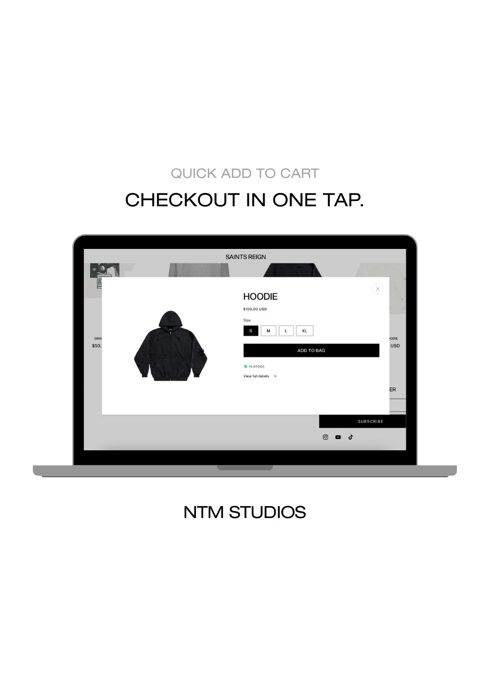 Laptop displaying a hoodie product on a white background with 'NTM STUDIOS' branding.