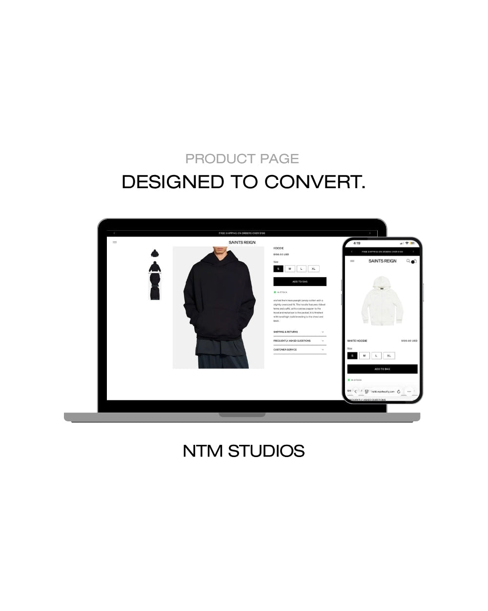 Laptop and phone displaying a product page with a black sweater on a white background, featuring 'NTM STUDIOS'.