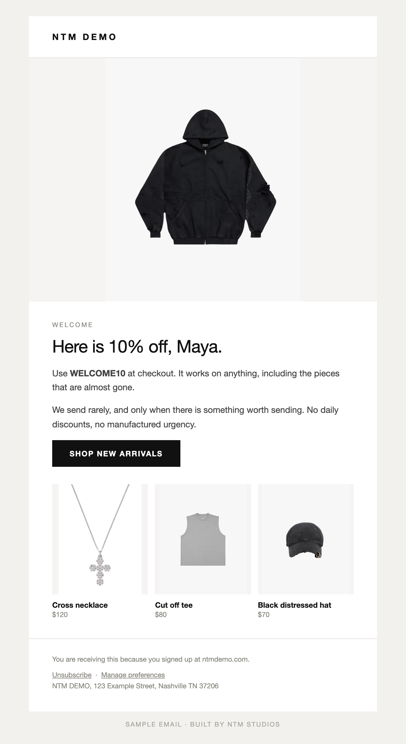 Welcome, email one sample email