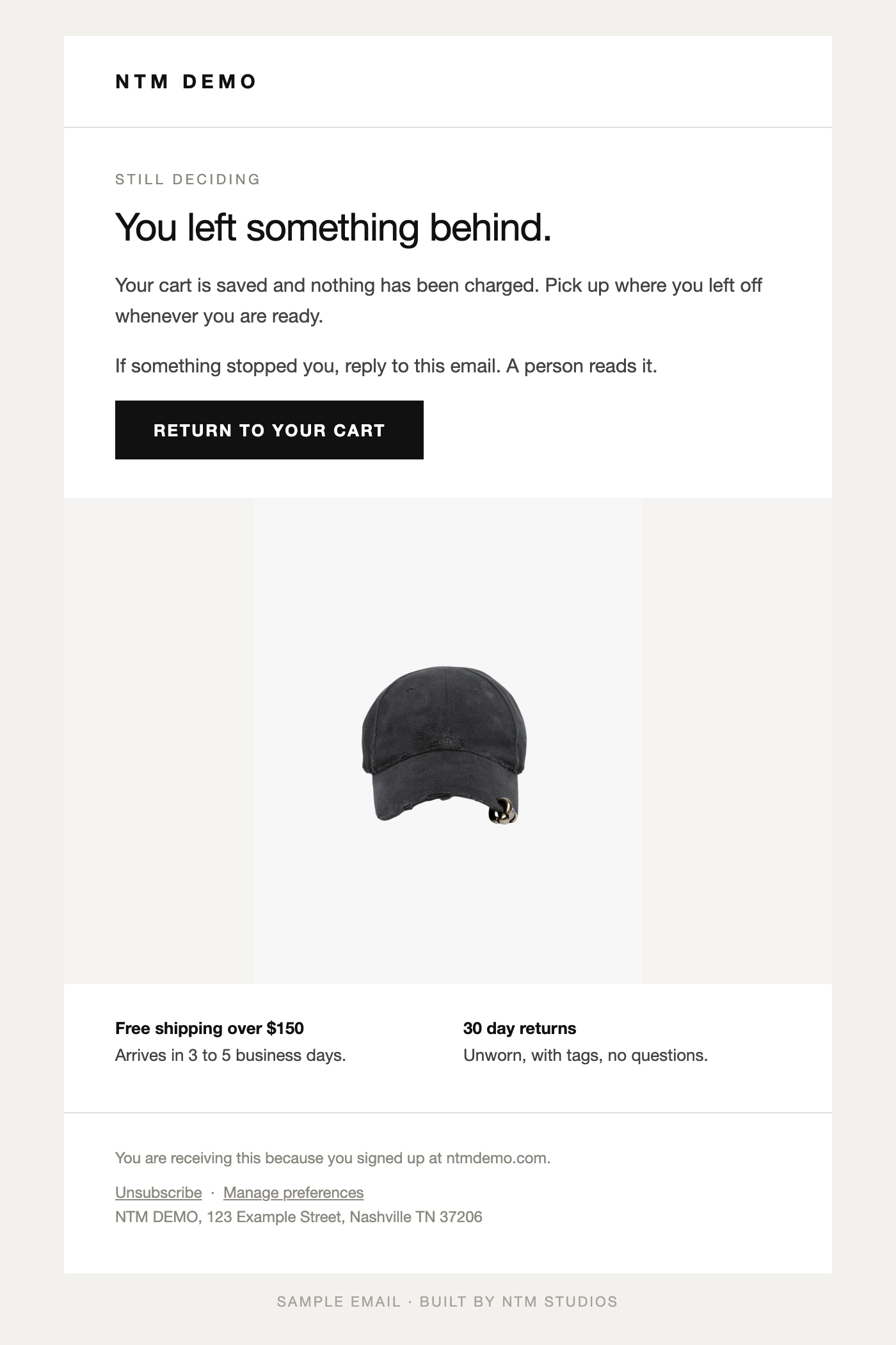Abandoned checkout, email one sample email