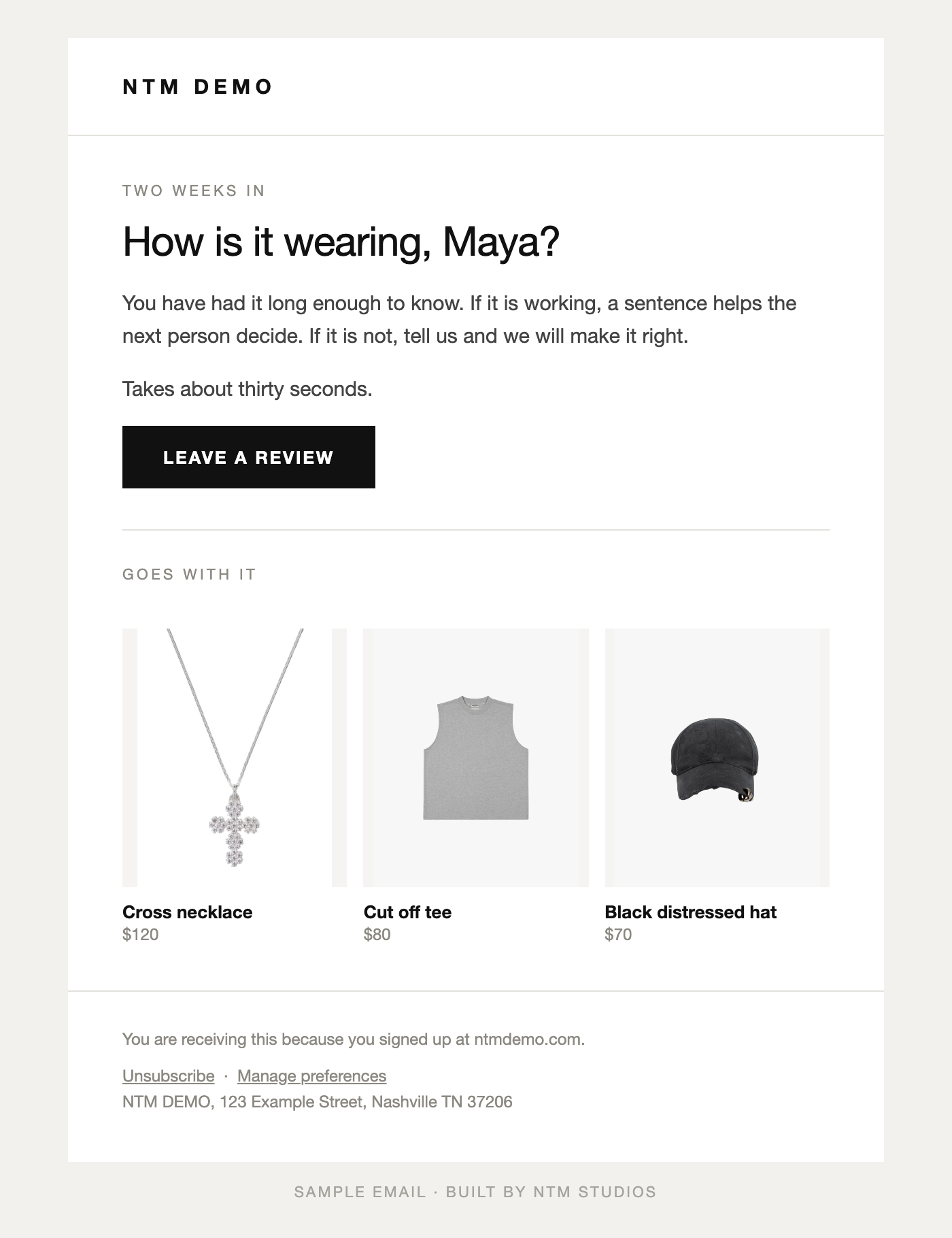 Post-purchase, review request sample email
